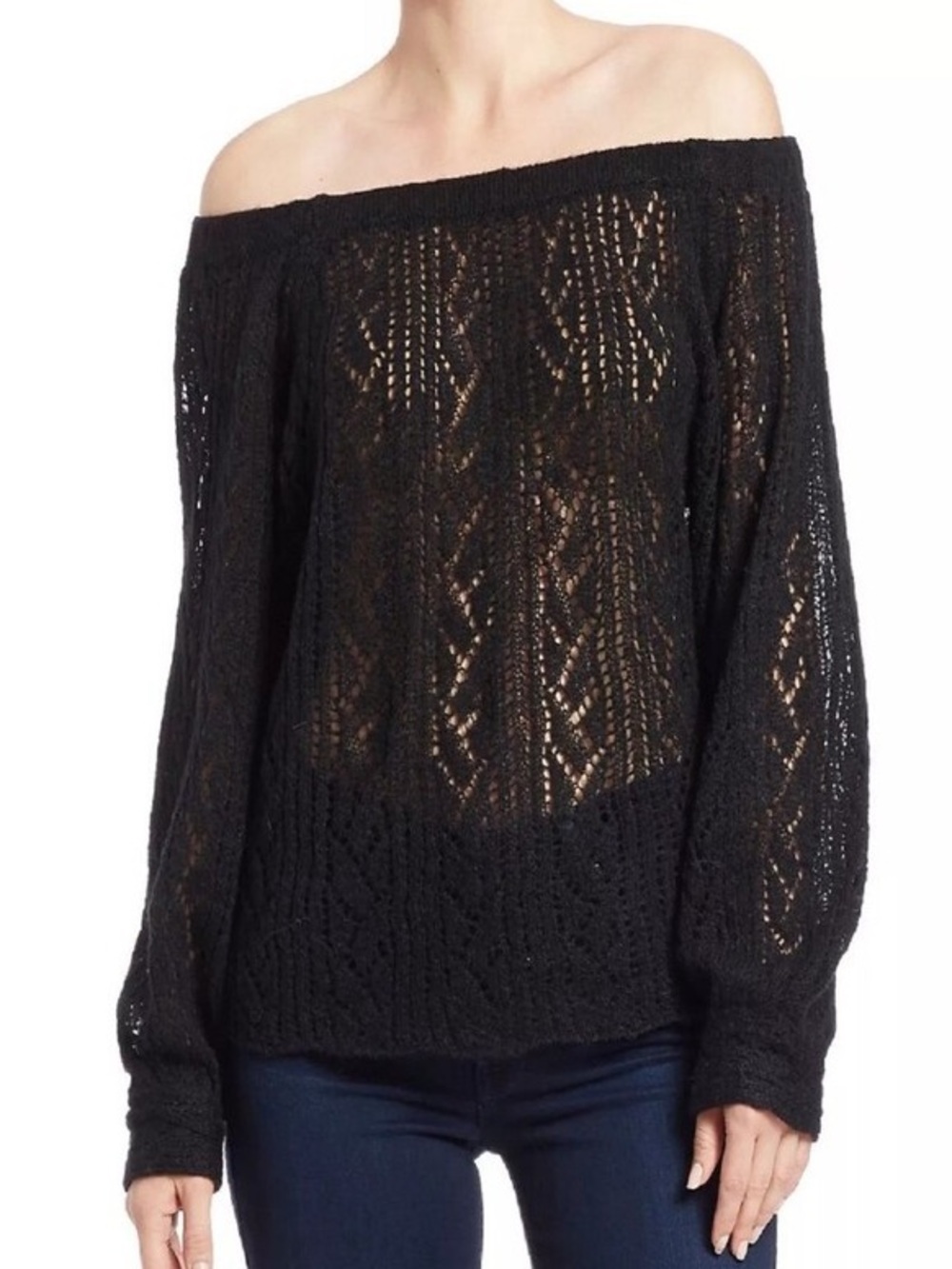 Free People Lights Will Shine Wool & Alpaca Blend Off The Shoulder Black Sweater